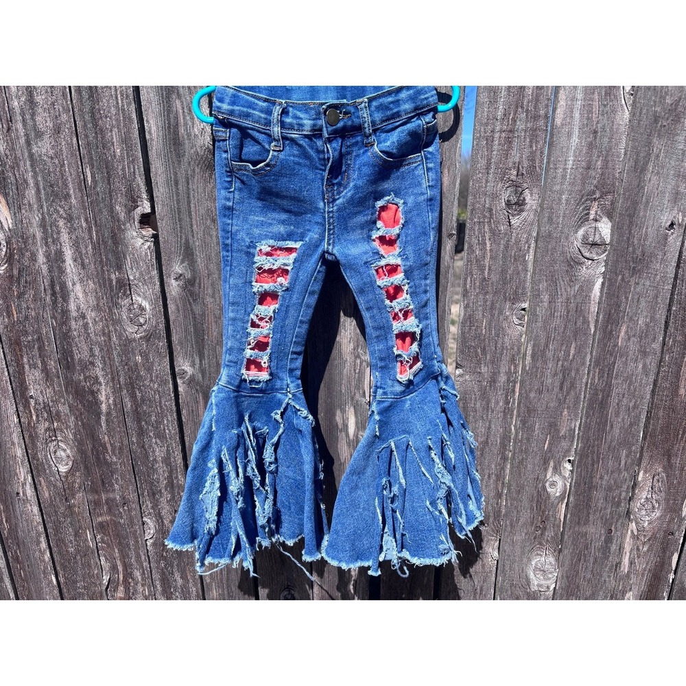 Toddler denim blue distressed bell bottom w/frayed bottoms size M 3/4 boutique